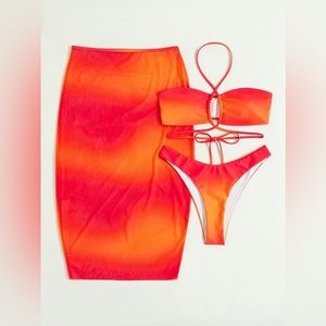 SHEIN 3pack Ombre Lace Up Halter Bikini Swimsuit & Beach Skirt